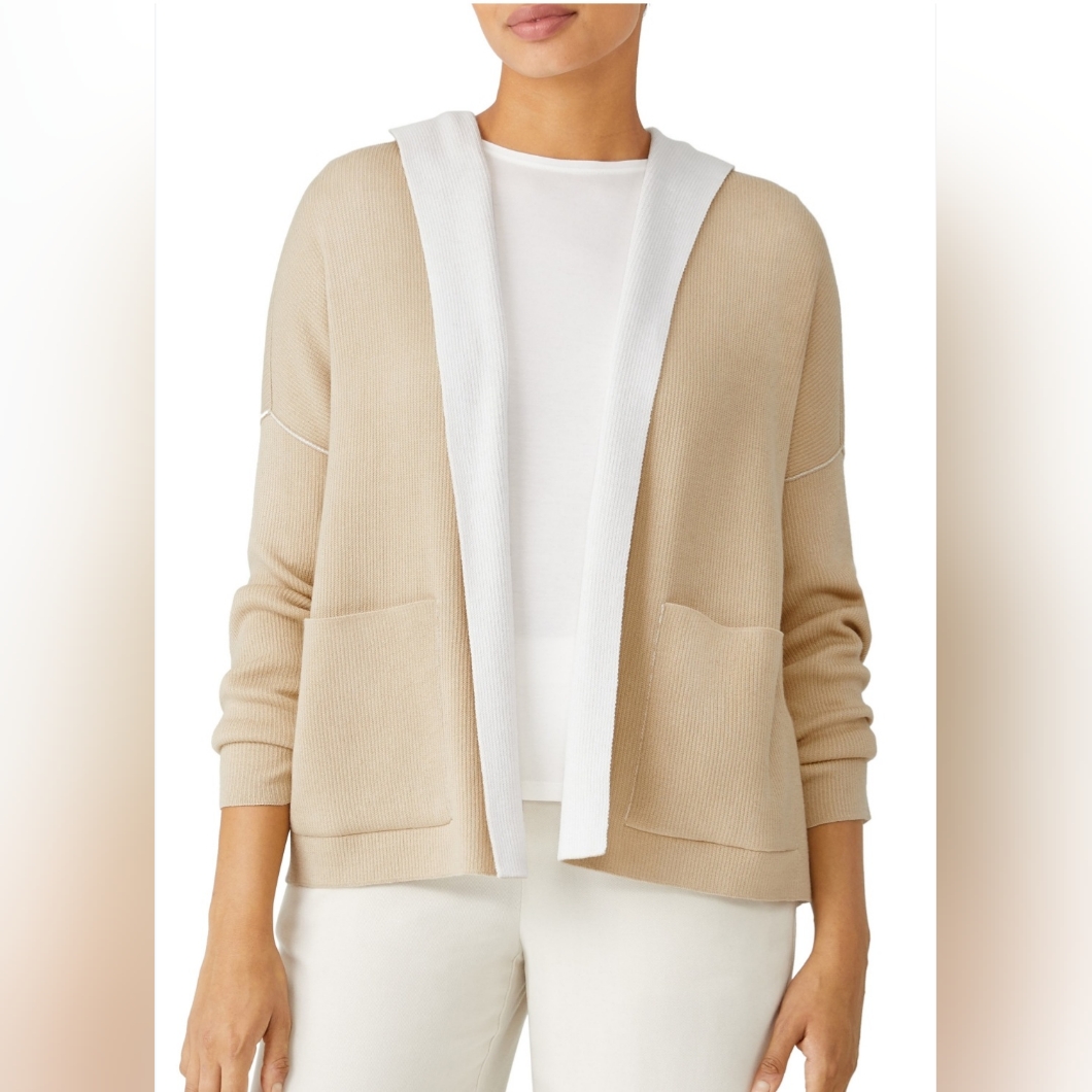 Eileen Fisher Organic Cotton Blend Open Front Hooded Cardigan, Size Xlarge